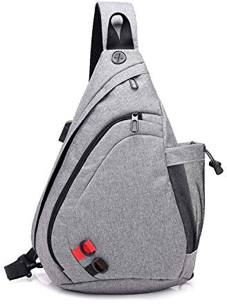 FANDARE Leicht Brusttasche Sling Rucksack Schultertasche mit USB Chest Bag Crossbody Umhängetasche Sporttasche für Herren Damen Junge Mädchen Reise Crossover Daypack Wandern Bergsteigen Polyester Grau