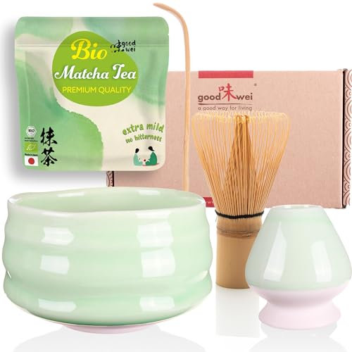 Goodwei BIO Matcha aus Japan im Matcha-Set komplett mit hochwertiger Matcha Schale aus Keramik, Matcha Besen und Besenhalter | Geschenkset für Teezeremonie (Minto)