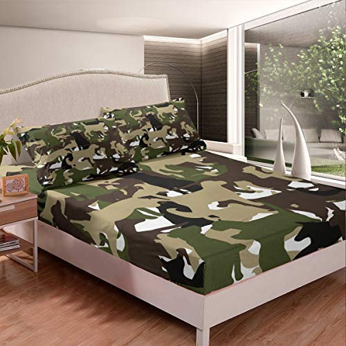 Tbrand Camou Welpe Spannbettlaken 160x200cm Camouflage Hunds Gedruckt Spannbetttuch für Kinder Hidden Military Bettlaken Set Tiermuster rutschfeste 2St