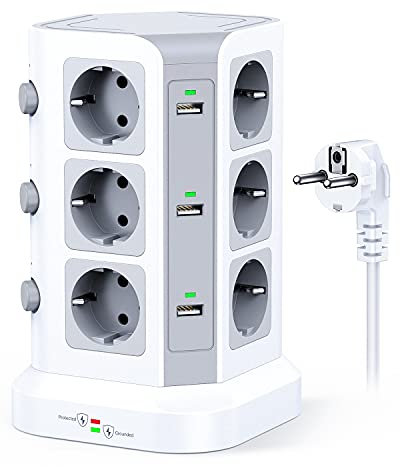 KOOSLA 12 Fach Steckdosenleiste (4000W/16A), 6 USB Mehrfachsteckdose mit Überspannungsschutz, einzeln schaltbarer Steckdosenturm für Büro Küche Tisch, 2M Kabel, Weiß