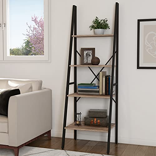 Lavish Home Ladder Bookshelf - 4 Tier Leaning Decorative Shelves for Display - Black and Gray Shelf Stand- Living Room, Bathroom & Kitchen Shelving
