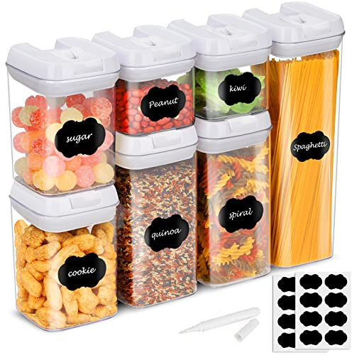 7 PC Food Storage Container Set White with Labels & Marker, Kitchen & Pantry Clear Plastic Organization Canisters with Durable Lids,Ideal for Flour, Cereal, Spaghetti, Pasta & More
