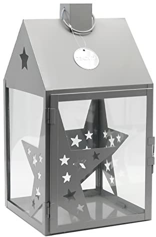Dekovita 38cm Metall-Laterne Sterne Lichthaus - Gartenlaterne mit Glas-Scheiben - Windlicht Haus Deko-Laterne