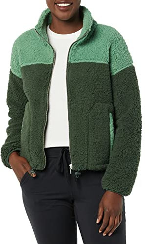 Amazon Essentials Giacca in Pile Effetto Sherpa con Zip e Collo Alto Donna, Verde Scuro Verde Salvia Shearling, S