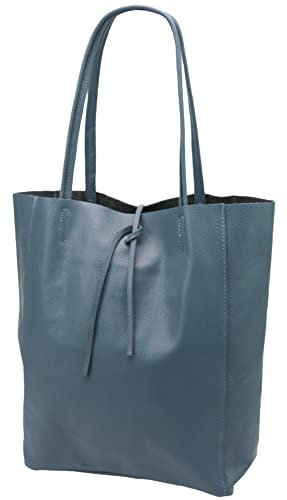 SH Leder ® Damen Echt Rindleder Shopper mit Innentasche in vielen Farben Schultertasche Henkeltasche 37x29cm Kora G266 (Jeansblau)