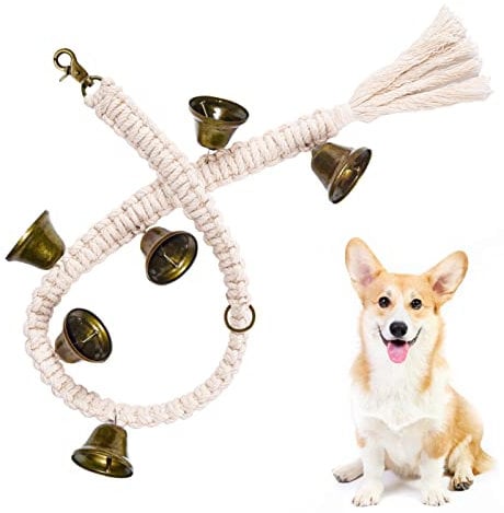 Whimsii Dog Bells Toilet Training, Macrame Hanging Door Bell for Potty Training, 6 Extra Loud Antique Bronze Doggy Bells for Puppy & Dogs Ring to Go Outside (Bronze Bells with Off White Rope)