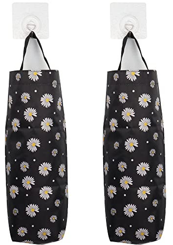 QIANRENON Lot de 2 sacs poubelle de cuisine en plastique lavables à fixation murale pliable pour cuisine, salle de bain, salon, bureau, camping-car, 2 pièces avec 2 crochets (marguerite noir)