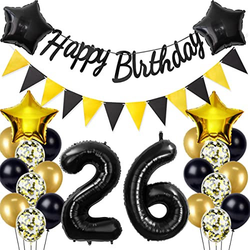 Schwarz/Gold luftballons 26.geburtstag deko für mann frauen,geburtstagsdeko 26 jahre mann frau,folienballon 26 jahre geburtstag dekoration mann happy birthday für 26 geburtstag männer mann deko(26)
