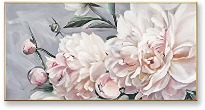 SLEA Leinwandbild Handgemalt,Nordischer Minimalismus Rosa Elegante Chrysantheme Grau Handgemalte Wandgemälde, Öl-Leinwand-Gemälde Für Wanddekorationen, Wandgemälde Für Wohnzimmer, Home Office, Einga