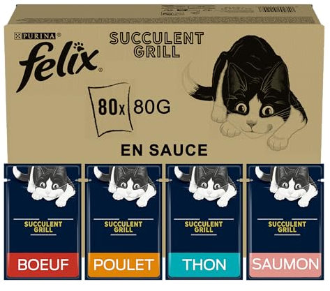 FELIX Tasty Shreds Katzenfutter nass in Sauce, Gemischte Vielfalt, 80er Pack (4x20x80g)