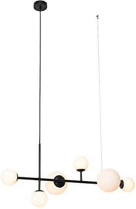 Qazqa - Moderne Hängelampe I Pendellampe I Pendelleuchte schwarz mit Milchglas 6 Lichter - Monaco I Wohnzimmer I Schlafzimmer - Stahl Länglich - LED geeignet G9
