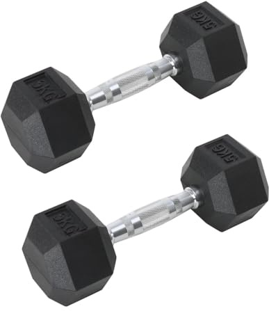 Hanteln, sechseckig, gummibeschichtet, 2 Langhanteln à 5 kg, mit ergonomischem Chromgriff, 1 Paar