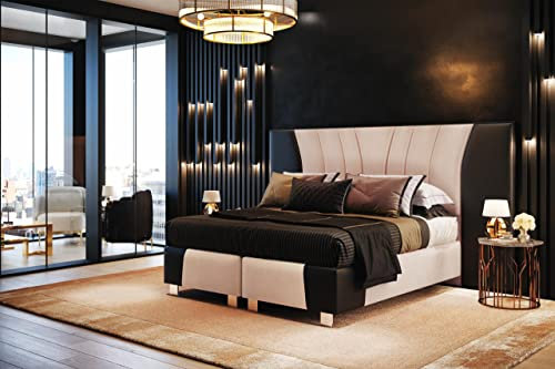 TRADA Imperial Boxspringbett Luxus Hotelbett in Schlafzimmer mit Matratze Lederbett (Schwarz Leder + Beige Velvet, 140 x 200 cm)