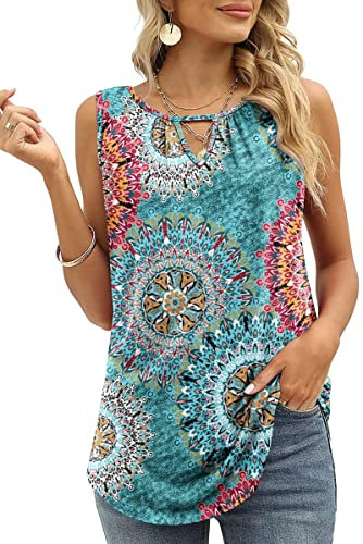 Cuptacc Tank Top Damen Sommer 2024 Trendy Einfarbige Boatneck Ärmellose Sexy Tops Lockere Tunika Shirt Grün Blumenmuster Groß L 42-44