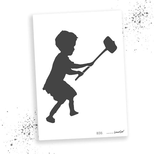 LaserCad Schablonen BANKSY Streetart (B036, Hammer Boy, DIN A5) Stencil für Graffiti, Airbrush, Kunst, Deko, zum Malen