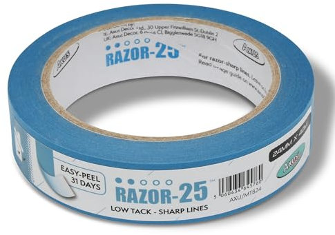 Axus Decor Razor-25 Low Tack Masking Tape - 24mm x 40m - Low Tack Tape For Recently Painted Surfaces, Residue Free Removal, For Painting Decoration & DIY Projects, Blue
