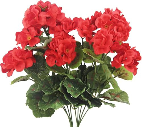 Laelfe Geranios Artificiales Exterior, Flores Artificiales Decoracion Geranios para Exterior Interior Hogar Balcón Jardin Patio Maceta Colgante Decoración de Mesa (Rojo, 2 Pcs)