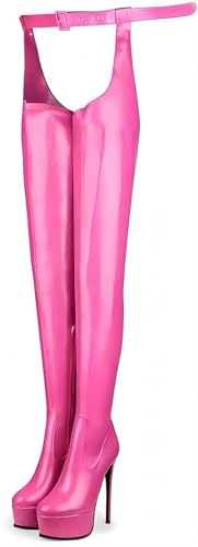 Emfnzd Unisex Sexy Taillengürtel High Heels Overknee Stiefel Plateau Übergröße, Pink, 44 EU