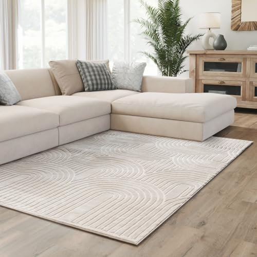 Interiyou Teppich Wohnzimmer Cannes - 200x300 cm Creme - Für Schlafzimmer, Esszimmer, Kinderzimmer - Kurzflorteppich skandinavisches Boho Muster - Hoch-Tief Effekt - Flach mit Geometrischem Muster