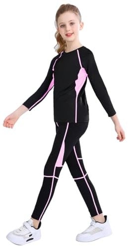 linboo Mädchen Sportanzug 2tlg Yoga Anzug mit Langen Ärmeln und Hosen, Elastisch, Outdoor eng anliegende Tanz- und Fitnessbekleidung für Kinder, Rosa, Herstellergröße:120 Geeignete 116-122