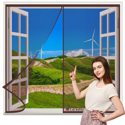 Moustiquaire Fenetre Magnétique Brun 130x140cm Auto-Adhésif Rideau en Maille Moustiquaire Porte Magnétique, Fermeture Automatique Lair Peut circuler Librement