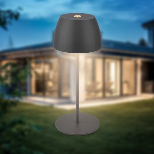 B.K.Licht - Mini LED Tischlampe kabellos IP44 mit Touch, stufenlos dimmbar, Akku & Lichtquelle tauschbar, Nachttischlampe, Dekolampe, LED Lampe, Akku Tischleuchte, Outdoor, 8x20 cm (DxH), Anthrazit