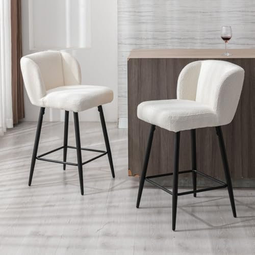 chairus Tabourets de Bar Lot de 2 Tabourets Bar Fausse Fourrure Tabourets Hauts Modernes Chaises de Bar avec Dossier pour Cuisine, Blanc