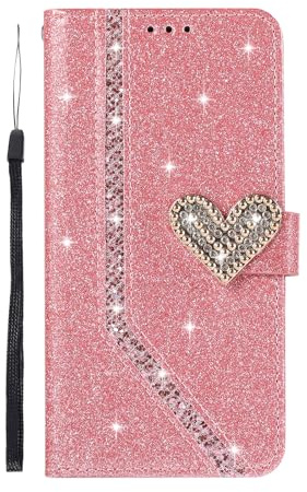 Unichthy All Glitter Case for iPhone 16 Plus Cover for Women Girls Bling Love Heart 3D Gems Sparkle Shockproof Leather Wallet Flip Magnetic Case Folio Card Slots Covers for iPhone 16 Plus Pink