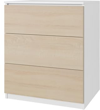 YUMEBLY Kommode 3 Schubladen weiß-Sonoma | 80x60x50 cm | Schrank für Kleidung, Dokumente, kleine Gegenstände | Schubladenschrank ideal für Schlafzimmer, Wohnzimmer, Kinderzimmer und Büro