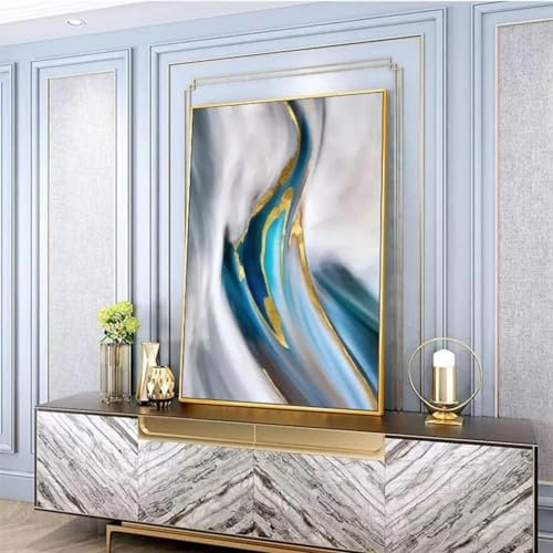 AINIBPO Posterdrucke auf Leinwand, blaues Wellengemälde, goldenes Gemälde, dunkelgraues Acrylbild, großes Wohnzimmer, Heimwandkunstdekor, 40 x 60 cm, rahmenlos