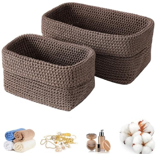 2er Set Aufbewahrungskorb aus Baumwollseil, Stapelbare Häkelkorb Regalkorb für Bad, Handtücher, Kosmetik, Spielzeug, Schmuck - Geflochten, Gewebt, Braun
