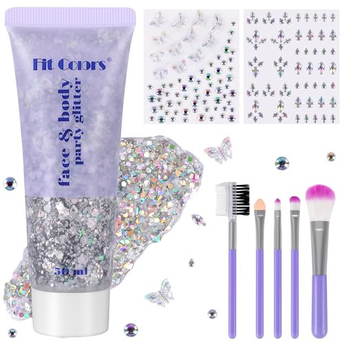 50ml Gel Purpurina Corporal Plata con 2x Pegatinas Brillantes Autoadhesivas y Pincel, DIY Gel Purpurina Cara para Festivales, Glitter Brillantina y Brillos Diamentes para Rostro y Cuerpo