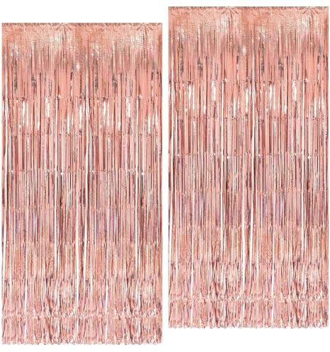 Ovanda Lametta Vorhang Rosegold Glitzer, 2 Stück Folie Fransen Vorhänge, Glitzer Party Vorhang, für Geburtstagsdeko JGA Frauen Party Vorhänge Frauen Valentinstag Muttertag Verlobung Party Deko