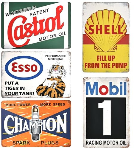 bssmmai Lot de 5 plaques murales en métal rétro pour garage, moto, garage, essence, huile moteur, vintage, décoration de voiture, atelier, courrier