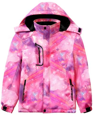 GQDSZ Girl's Waterproof Ski Jacket, Warm Fleece Lined Winter Snow Windproof Jackets, Hooded Ski Coat, Galaxy Pink, 6-7