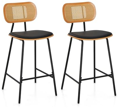 FANTASK Tresenhocker Set 2 Stück, Barhocker mit Rattan Rückenlehne & gepolstertem Sitz, Barstuhl mit Fußstütze bis 140 kg tragfähig für Küche Wohnzimmer Café, Schwarz+Natur