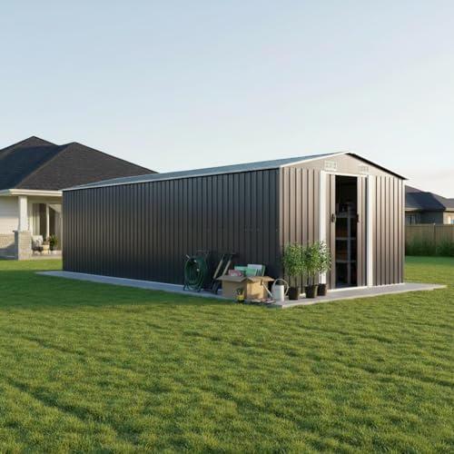 Gerätehaus Metall 257x392x181 cm Anthrazit, Gartenhütte Container Haus Zum Wohnen Als Geräteschuppen, Fahrradschuppen Gartenbox Für Werkzeuge Und Geräte