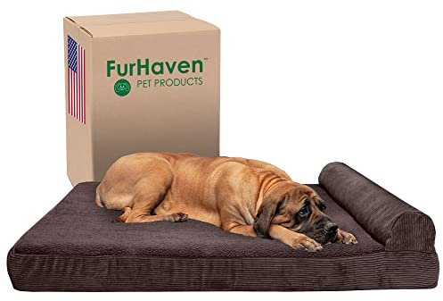 Furhaven Orthopädisches Hundebett für große Hunde mit abnehmbarer Nackenrolle und waschbarem Bezug, für Hunde bis zu 56,7 kg – Fleece und Cord Nackenrolle Chaiselongue – dunkles Taupe (Dark Espresso),