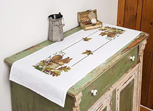 KAMACA Stickpackung Kreuzstich vorgezeichnet Baumwolle komplettes Stickset mit Stickvorlage Stickerei-Kit zum Selbersticken Erwachsene (Eichhörnchen TL 40x100 cm)