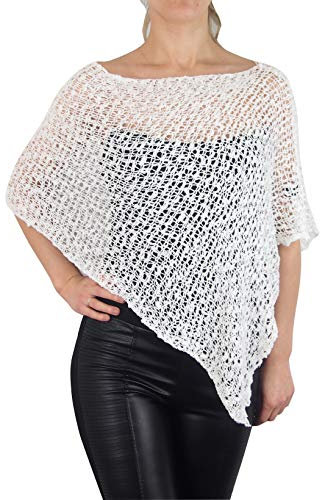 Mimosa Damen Schlichtes Stretch-Fischnetz häkeln Fledermaus Kleiner Poncho im Popcorn-Stil Stricken (One Size, White)