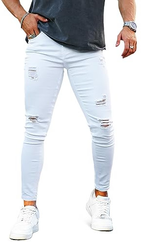 GINGTTO Herren Jeans Mit Löcher Stretch Slim Fit Weiße Denim Hose Knie Ripped 32/30