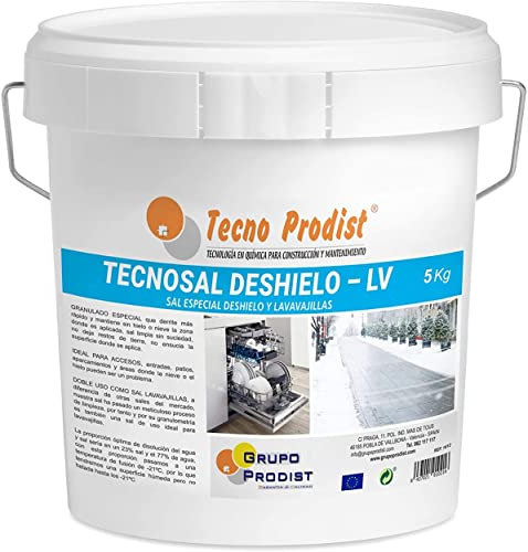 TECNOSAL DESHIELO (5 Kg) sal especial para derretir hielo y nieve en invierno, descongelación ideal para caminos, entradas, aparcamientos o carreteras, doble uso, Sal Lavavajillas, en cubo
