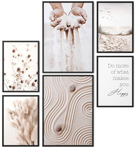 Papierschmiede® Mood Poster Set Boho Sand, Bilder Set Wohnzimmer Deko Modern, 2x DIN A4 und 4x DIN A5, Home Decoration Boho Style Poster Wohnzimmer Gras Gräser - ohne Rahmen