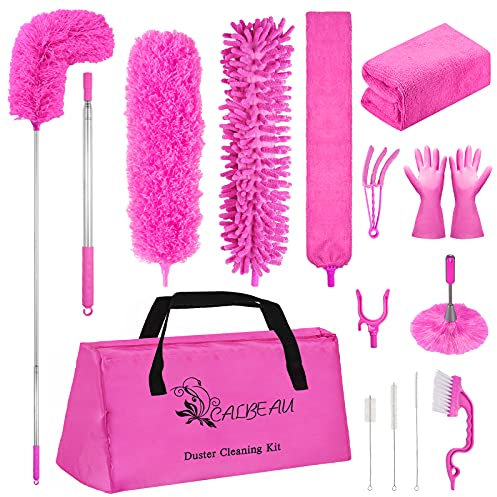 15PCS Microfiber Feather Duster Set Bendable & Washable with 100-inch Extension Pole Dusters for Cleaning High Ceiling Fan, Blinds, Cars, Furniture, Cleaning Tools Kit for Women