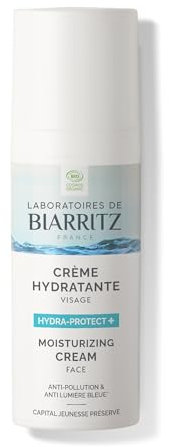 Laboratoires de Biarritz - Crème Hydratante Visage Hydra-protect+ - Bouclier Anti-Pollution et Anti-Lumière Bleue - Formule Vegan - Certifiée Bio - Tous Types de Peau - Fabriquée en France - 50 ml