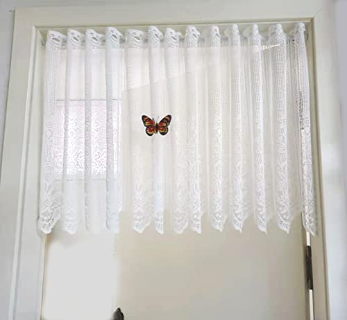 Yaland Scheibengardine Jacquard Spitze Landhaus Weiß HxB 60x160cm 1 Stück | Bistrogardine mit Lochleiste Spitzenvorhang mit Blumenmuster Kurzgardine Wellensaum Fensterdeko ideal für Küche & Tür