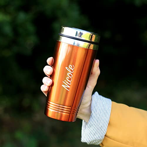 eBuyGB Personalised Insulated Travel Mug, Double Walled 450ml Reusable Drinks Flask, Travel Cup, Stainless Steel Tea/Coffee Cup (Orange)