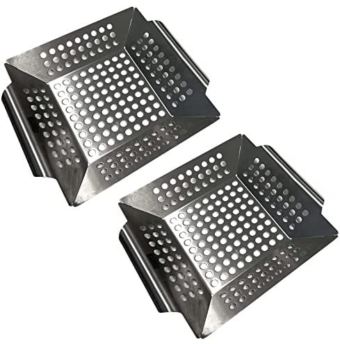 HAC24 2er Set Edelstahl Grillkorb 20 x 20 x 4 cm Grill Gemüsepfanne BBQ Lochpfanne Grillschale Grillrost Gemüsekorb