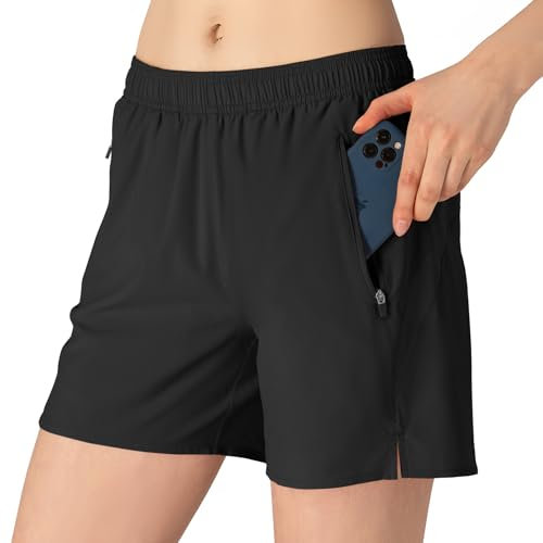 donhobo Damen Sport Shorts Kurze Hose Schnell Trocknend Sporthose Leicht Laufshorts mit Reißverschlusstasche (Schwarz, XXL)