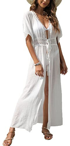 MIXIDON Vestido de Bikini para Verano Mujer Playa Traje de Baño Sexy Elegante Bohemia Ver a Través del Cárdigan Bikini Kimono Cover Up, Blanco, XXL
